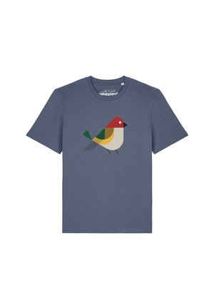 T-shirt gris foncé à manches courtes avec un motif d'oiseau géométrique simple en rouge, vert, jaune, noir et beige centré à l'avant.