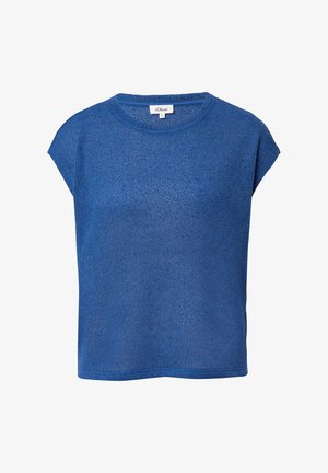 Niebieska krótki rękaw dzianinowa bluzka z okrągłym dekoltem i lekko luźnym krojem, z fakturowanym materiałem i czystym wykończeniem dołu.