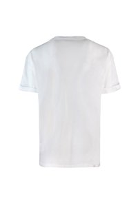 T-shirt bianco in cotone con maniche corte arrotolate, scollatura rotonda e vestibilità rilassata. Retro semplice con una texture liscia.