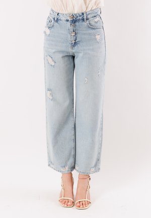 Jeans larghi a vita alta color azzurro chiaro, strappati, con chiusura a bottoni, indossati con sandali beige con tacco e cinturini.