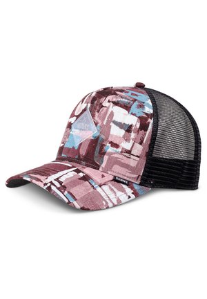 Baseballkappe mit bordeauxrotem, weißem und blauem abstraktem Muster, schwarzem Mesh-Rücken und "DJINNS" Stoffetiketten vorne und am Schirm.