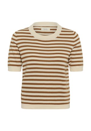 Haut en maille à manches courtes avec des rayures horizontales beige et marron et un col rond classique.