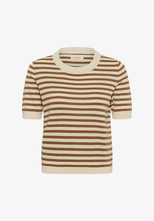 Haut en maille à manches courtes avec des rayures horizontales beige et marron et un col rond classique.