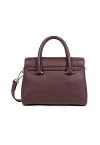 Borsa strutturata in pelle martellata color bordeaux, con doppi manici superiori, tracolla removibile e dettagli in hardware dorato.