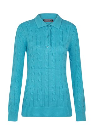 Maglione turchese lavorato a maglia con motivo a treccia, maniche lunghe e colletto polo classico. Presenta tre bottoni sullo scollo.