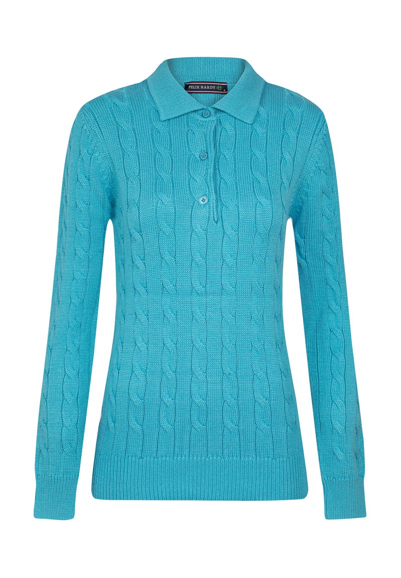 Maglione turchese lavorato a maglia con motivo a treccia, maniche lunghe e colletto polo classico. Presenta tre bottoni sullo scollo.