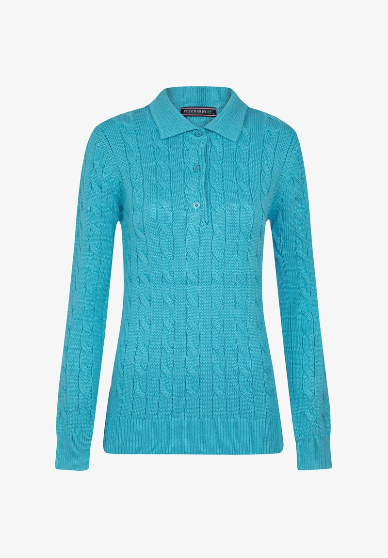 Türkise Strickpullover mit Zopfmuster, langen Ärmeln und einem klassischen Polokragen. Verfügt über drei Knöpfe am Ausschnitt.