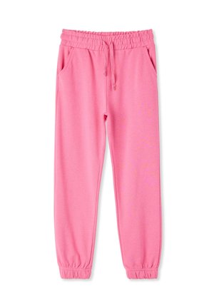 Pantaloni della tuta rosa con vita elastica, coulisse e tasche laterali. Polsini aderenti alle caviglie realizzati in morbido cotone a trama testurizzata.