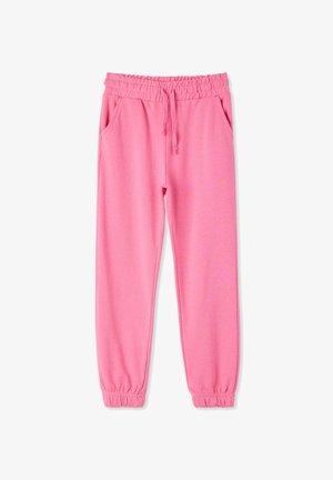 Pantaloni della tuta rosa con vita elastica, coulisse e tasche laterali. Polsini aderenti alle caviglie realizzati in morbido cotone a trama testurizzata.