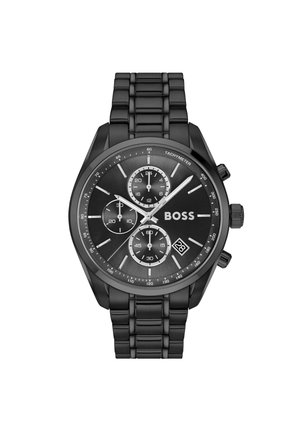 Montre en acier inoxydable noir avec un boîtier rond, un tachymètre, trois sous-cadrans et un affichage de la date. Présente des accents argentés et des maillons de bracelet texturés.