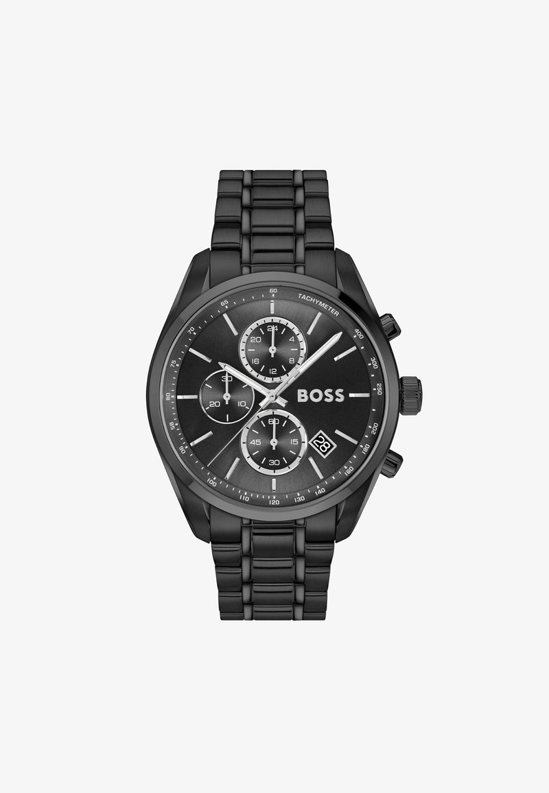 Montre en acier inoxydable noir avec un boîtier rond, un tachymètre, trois sous-cadrans et un affichage de la date. Présente des accents argentés et des maillons de bracelet texturés.