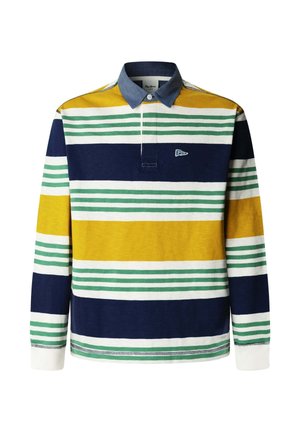 Polo a maniche lunghe con motivo a righe orizzontali nei colori blu navy, verde, giallo e bianco. Presenta un colletto in stile denim e ricamo con logo.