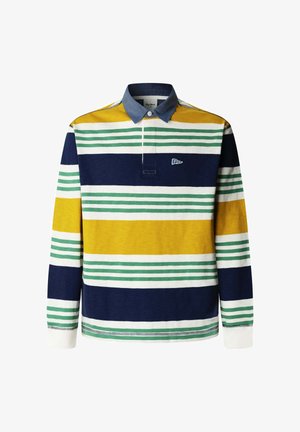 Polo tričko s dlhým rukávom s horizontálnym pruhovaným vzorom v námorníckej modrej, zelenej, žltej a bielej farbe. Má golier pripomínajúci denim a výšivku loga.