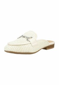 Mocassin mule tissé blanc avec détail mors argenté et petit talon en bois, style à enfiler.