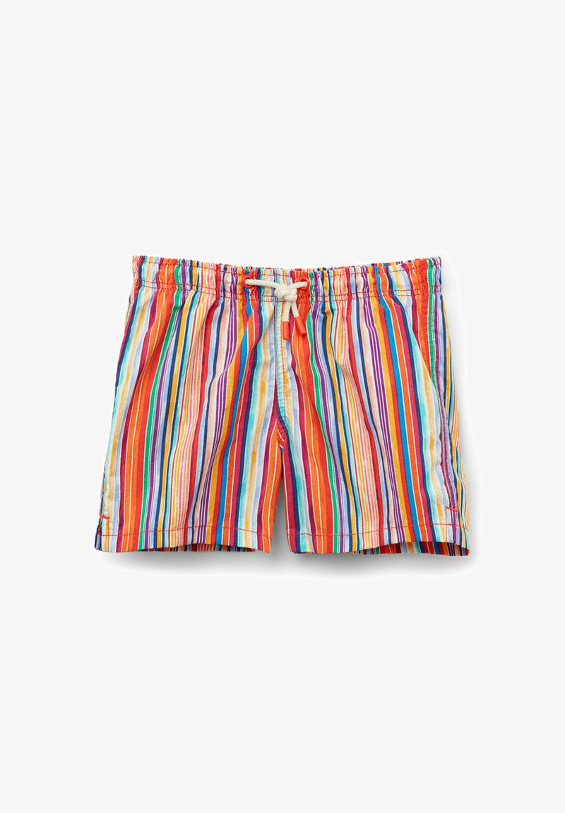 Shorts de bain rayés avec une taille élastique et un cordon de serrage, comportant plusieurs couleurs dont le rouge, le bleu, le vert, le jaune et le violet.