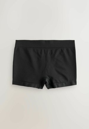 Boxer shorts neri in cotone con una texture liscia, vita elastica e gambe corte. Presentano un design semplice senza motivi o accenti.