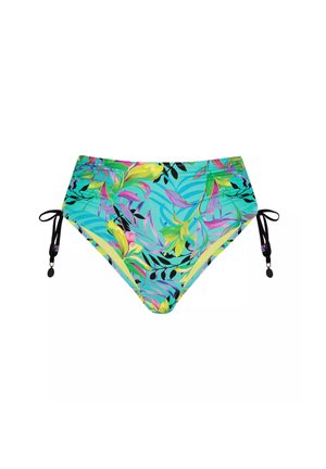 Bikini o wysokim stanie w intensywnym zielono-niebieskim kolorze, zdobiony tropikalnym wzorem kwiatowym w kolorze różowym i żółtym. Regulowane czarne boczne sznurki z akcentami.