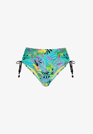 Bikini o wysokim stanie w intensywnym zielono-niebieskim kolorze, zdobiony tropikalnym wzorem kwiatowym w kolorze różowym i żółtym. Regulowane czarne boczne sznurki z akcentami.