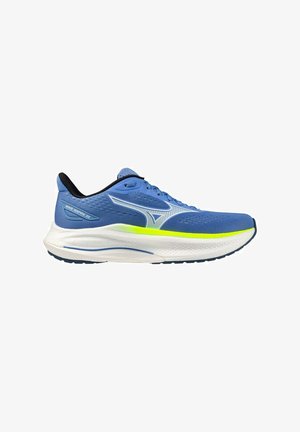 Scarpa da corsa blu e bianca con striscia giallo neon, fodera interna nera e suola strutturata con la scritta "Wave Inspire 22" sul tallone.