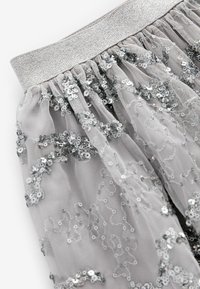 Jupe en tulle grise avec une taille élastique argentée, ornée de sequins argentés éparpillés formant des tourbillons et des motifs sur tout le tissu.