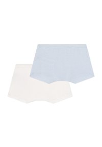 Due paia di pantaloni corti in cotone da donna: un paio bianco uniforme, l'altro azzurro chiaro con sottili righe bianche. Tessuto morbido, vita media, aperture delle gambe a scallop.