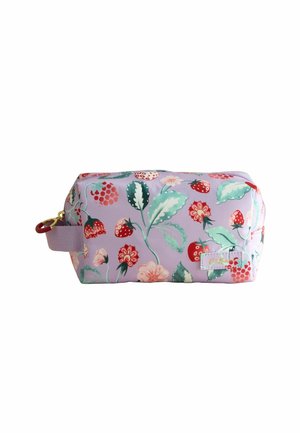 Lavender rectangular pouch with zipper, decorated with red strawberries, flowers, and green leaves, featuring a short fabric handle.