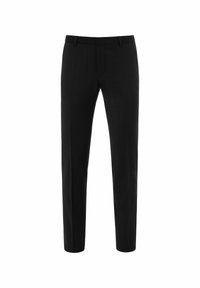 Pantalones negros ajustados con un corte recto, hechos de una tela suave, que presentan trabillas para cinturón y discretos bolsillos frontales.