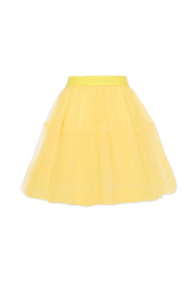 Jupe jaune en tulle longueur genou avec une taille élastique et des couches de tissu froncé pour plus de volume.
