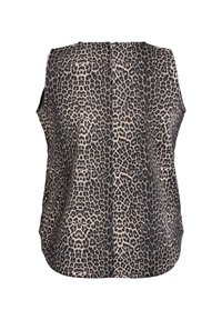 Mouwloos topje in een leopardprintpatroon met tinten beige en zwart. Het heeft een rechte snit met een ritssluiting aan de achterkant.