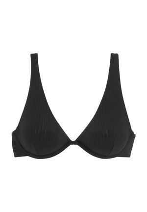 Schwarzes, geripptes Triangel-Bikinioberteil mit breiten Schultergurten, glatter Textur und einem tief ausgeschnittenen Dekolleté. Keine Polsterung oder sichtbare Hardware.