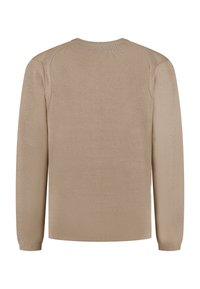 Beige gebreide trui met lange mouwen, ronde hals en ribgebreide accenten bij de halslijn en manchetten. Effen textuur en eenvoudig ontwerp.