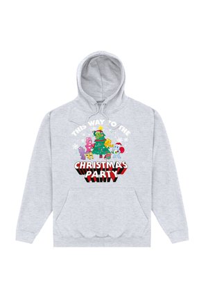 Szara bluza z kapturem z grafiką z przodu przedstawiającą postacie z kreskówek, choinkę oraz napis "W TĄ STRONĘ NA IMPREZĘ ŚWIĄTECZNĄ". Kieszeń kangurza.