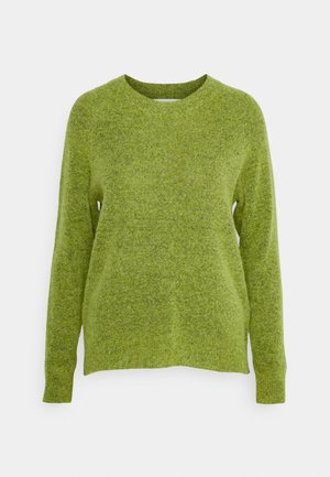 Soft green long-sleeve knit sweater with crew neck and ribbed cuffs and hem, displayed against a plain white background.