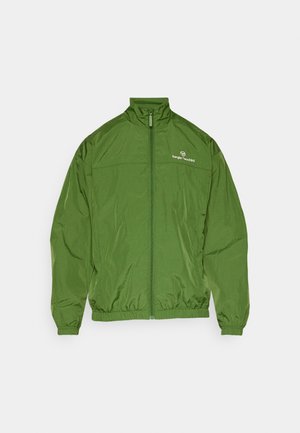 Grüne, leichte Windjacke mit hohem Kragen, Frontreißverschluss, elastischen Bündchen und Saum; mit einem Logo auf der linken Brust.