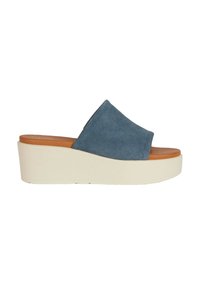 Sandali wedge blu scamosciati senza lacci, caratterizzati da una suola piattaforma crema e una soletta color nocciola, con un design pulito e minimalista.