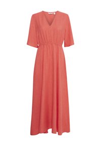 Korallfarbenes Maxikleid mit V-Ausschnitt, kurzen Ämeln und elastischem Bund, aus leichtem Stoff mit glatter Textur.