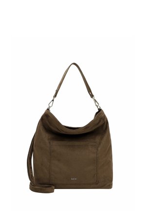 Braune Wildleder-Umhängetasche mit einer Vordertasche, abnehmbarem Riemen und einem einzelnen Griff, gebrandmarkt mit "Rue'09" in kleinen weißen Buchstaben.