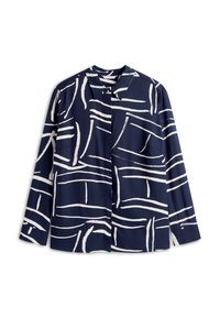 Μπλε ναυτικού πουκάμισο με άσπρο αφηρημένο μοτίβο πινελιάς, μακριά μανίκια, γιακά και μια τσέπη στο στήθος. Λεπτή υφή, κλείσιμο με κουμπιά.