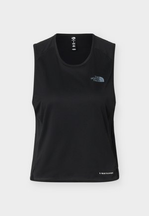 Haut de sport noir sans manches avec encolure ronde, logo The North Face sur la poitrine, et texte « Lightrange » près de l'ourlet inférieur.
