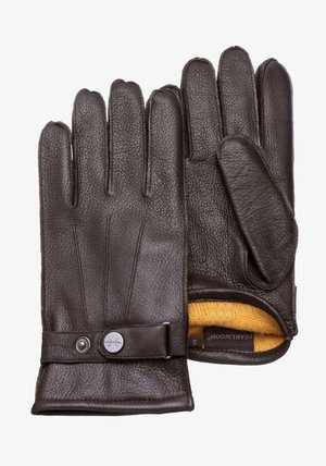 Braune Lederhandschuhe mit strukturierter Oberfläche, ausgestattet mit einem gelben gestrickten Futter, einem Knopfakzent und artikulierten Fingern für einen engen Sitz.