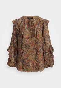 Blommig blus med vågiga ärmar, i jordnära färger och livfulla mönster i röd, blå och grön. Knyts i nacken med en lös passform.