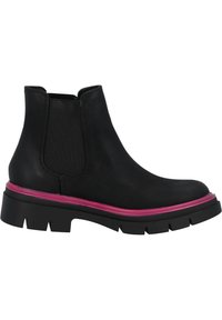 Svarta läderankelstövlar med en rosa accentremsa, elastiska sidopaneler och en kraftig gummisula med djupa mönster för bra grepp.