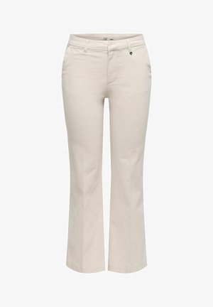 Beige, flared trousers made of cotton blend fabric. Features front pockets, a zip fly, and a small decorative button detail.