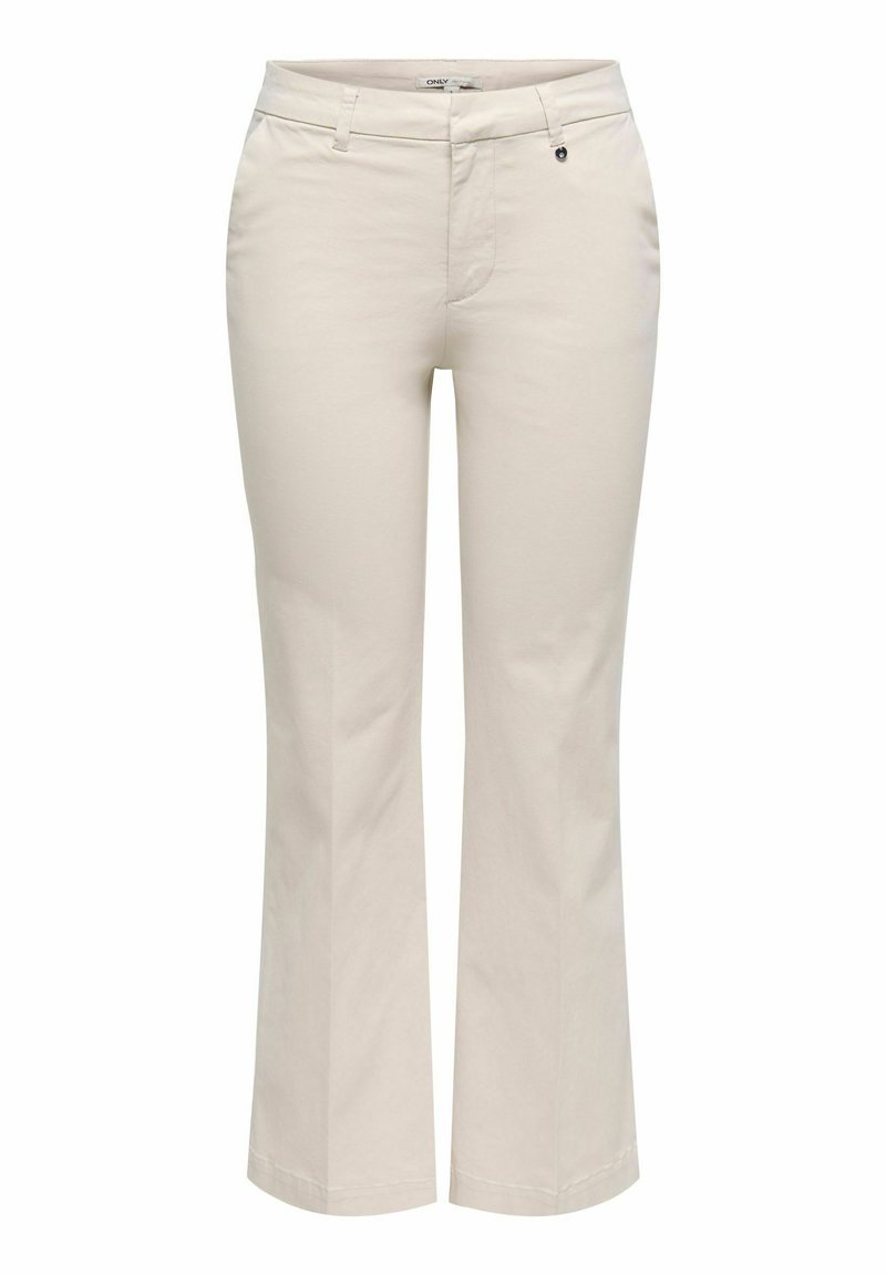 Pantalon beige évasé en tissu mélangé coton. Comprend des poches avant, une fermeture éclair à agrafe et un petit détail décoratif avec bouton.