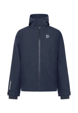 Granatowa wodoodporna kurtka z kapturem, przednim zamkiem, regulowanymi mankietami i logo marki na piersi i rękawie.