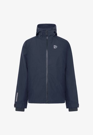 Navyblaue wasserdichte Jacke mit Kapuze, Frontreißverschluss, verstellbaren Bündchen und Markenlogo auf Brust und Ärmel.