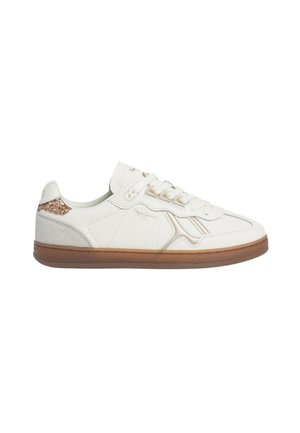 Sneaker bianca con accenti beige, suola marrone, design con lacci e dettagli glitterati sul tallone. Logo del marchio sul lato e sulla linguetta.