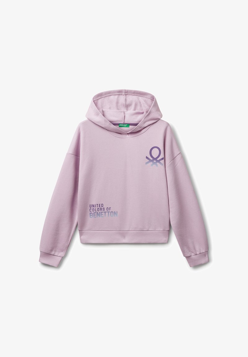 Felpa con cappuccio in cotone rosa con design cropped, maniche a costina e testo grafico con un simbolo sul davanti.