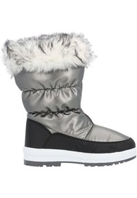 Bota de nieve acolchada en gris con un puño forrado de piel, suela de goma negra y media suela blanca. Presenta una punta redondeada y un acabado texturizado.