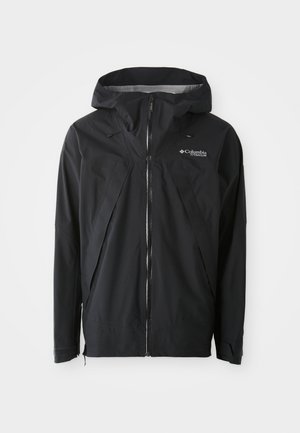 Giacca nera impermeabile con cappuccio, zip lunga e polsini regolabili. Presenta un logo discreto sul petto e un design elegante e minimalista.